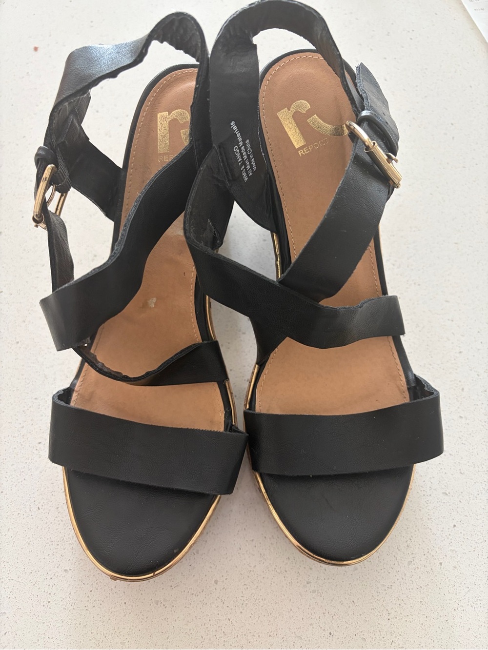 Report Signature Black Strappy Wedge Sandals with Gold Trim